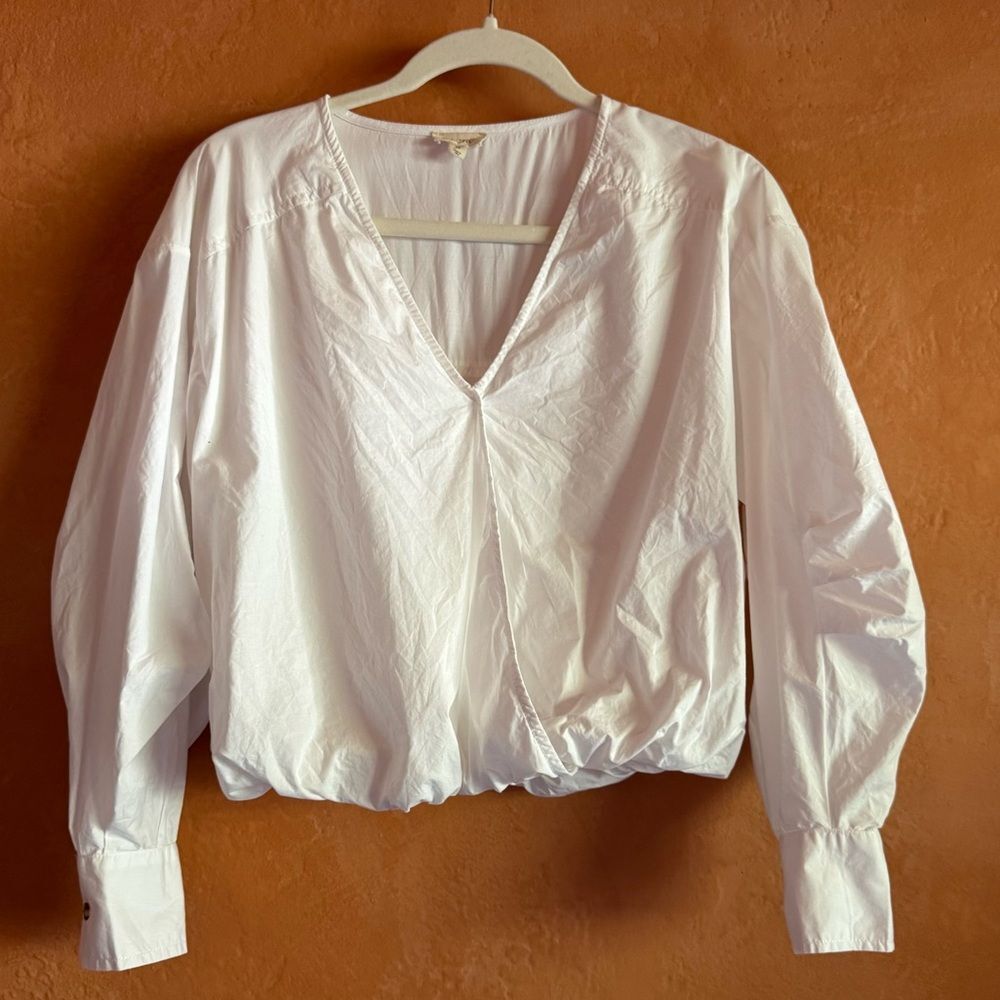 Pilcro Anthropologie White Wrap Crop Blouse Cotton Long Sleeve Size XS